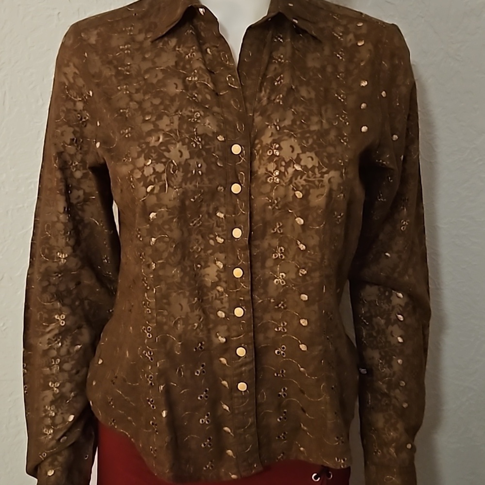 CRUEL GIRL Brownk Sheer Floral Eyelet Long Sleeve Snap Button Western Shirt - Picture 4 of 8